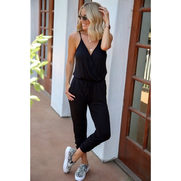 WILA Pants - Black jumpsuit casual tank cami romper spaghetti